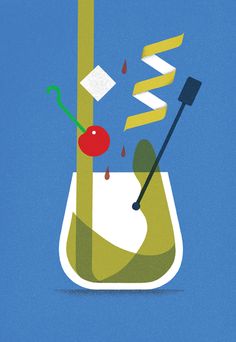 an illustration of a beaky filled with liquid next to a spatula and a cherry