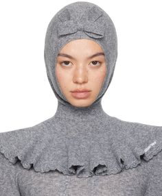 Rib knit wool- and nylon-blend balaclava in gray. · Bow accent at face · Scalloped edge at flared collar · Logo embroidered at collar Face masks and face coverings are final sale and are not eligible for return or exchange. Supplier color: Grey Shushu Tong, Face Coverings, Head Wrap, Scalloped Edge, Knit Beanie, Head Wraps, Logo Embroidered, Face Masks, Rib Knit