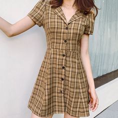 yellow grunge plaid dress boogzel apparel aesthetic outfit Korean Lookbook, Academia Outfits, Tokyo Street Fashion, Academia Fashion, Le Happy, Tumblr Outfits, Korean Dress, Short Sleeve Mini Dress, Mein Style