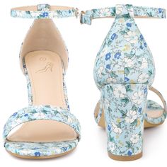 These floral-print heel sandals are sure to be a dazzling look. They feature an open toe, chunky block heels, and ankle straps, which add a touch of cuteness to your look. Designed with chunky block heels, it allows you to walk more comfortably. Pair them with your favorite cocktail dress and colorful accessories for a glamorous party look this season. Great to be a gift for your friend or sister. Spring Open Toe Block Heels With 4-inch Heel, Spring 4-inch Open Toe Block Heels, Spring Ankle Strap Block Heels With 4-inch Heel, Floral Print Wedge Heels, Blue Ankle Strap Block Heels For Spring, Spring Blue Ankle Strap Block Heels, Floral Print Block Heel Sandals, Blue Open Heel Block Heels For Spring, Spring Heels With Floral Print And Ankle Strap