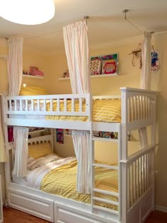 two pictures of bunk beds with curtains on the top and bottom, one in white