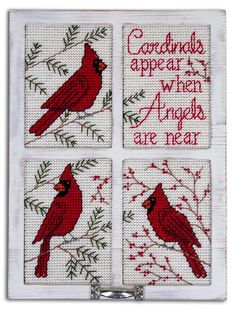 cross stitch pattern with cardinals on four squares