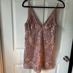 Free People Sequin Embroidered Nude Lining With Light Pink Blush Cocktail Dress. Never Worn. Shirt And Cute. Embroidered Lace V-neck Mini Dress, Embroidered V-neck Fitted Mini Dress, Embroidered V-neck Mini Dress For Parties, Blush Cocktail Dress, Free People Black Dress, Sequin Short Dress, Light Pink Blush, Sequin Short, Spaghetti Strap Mini Dress