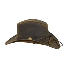 UPF 50 rating; Wire Brim; Moisture Wicking Sweatband; Chin Cord; 100% Top Grain leather; Crown: 4 inches; Brim: 2 1/2 inches Oilskin Duster, Concealed Carry Jacket, Packable Rain Jacket, Lightweight Vest, Outdoor Hats, Brown Hats, Leather Hats, Vest Fashion, Leather Vest