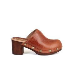 The Susan - Cognac Leather Platform Clogs | Californians - Californians Footwear Chic Leather Footbed Clogs For Fall, Classic High Heel Leather Clogs, Classic Fall Clogs With Removable Insole, Leather Clogs With Medium Width Leather Footbed, Classic Leather Clogs With Wooden Heel, Classic Leather Clogs Medium Width, Classic Leather Sole Clogs For Fall, Leather Clogs With Stacked Heel And Almond Toe, Classic Clogs With Leather Sole For Fall