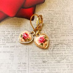 "These are absolutely adorable one of my favorites very Victorian style they are only .5\" long .5\" wide with a red/pink rose and heart shape bezel" Vintage Earrings Victorian, Stacked Beaded Bracelets, Victorian Style Jewelry, Mid Century Earrings, Victorian Earrings, Indie Jewelry, Silver Flower Earrings, Classy Tattoos, Vintage Style Earrings