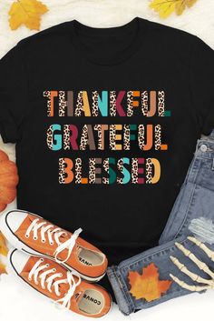 Olivia Mark - Thanksgiving Printed Women's Tee Thanksgiving Tee, Thankful Grateful Blessed, Grateful Thankful Blessed, White Crew Neck, Short Sleeve Pattern, Sleeve Pattern, Thanksgiving Outfit, Crew Neck Shirt, Graphic Crewneck Sweatshirt