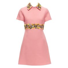 VALENTINO pink yellow multicolor beads embroidered collar belt shift dress Reference: LACG/A00409 Brand: Valentino Designer: Pierre Hardy Collection: Crepe Couture Material: Feels like wool Color: Pink, Multicolour Pattern: Solid Closure: Zip Lining: Pink Fabric Extra Details: This pink embellished mini dress has been expertly crafted in Italy from soft cotton and a fine blend of silk and virgin wool. It features a short length, short sleeves, a back zip fastening and embellished floral detailin Dress Reference, Valentino Pink, Belted Shift Dress, Embellished Mini Dress, Valentino Designer, Zip Lining, Embellished Collar, Valentino Dress, Embroidered Collars