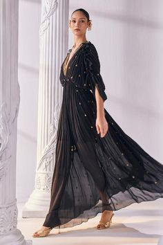 Black kaftan dress with a scallop edged embroidered V neckline, embroidered buttis, and frill details. - Aza Fashions Black Kaftan Dress, V Neck Kaftan, Black Kaftan, Alternate Universe, Black Chiffon, Kaftan Dress, Aza Fashion, Universe, Chiffon