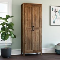 a tall wooden cabinet sitting next to a potted plant