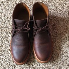 Gently Worn. Like Brand New. Vintage Leather Lace-up Chukka Boots, Fall Leather Sole Ankle Boot Dress Shoes, Leather Sole Ankle Boot Dress Shoes For Fall, Fall Leather Sole Dress Shoes Ankle Boot, Leather Lace-up Desert Boots With Leather Footbed, Leather Boots With Stitched Sole For Fall, Brown Boots With Textured Sole For Walking, Fall Leather Sole Plain Toe Work Boots, Fall Leather Shoes With Round Toe