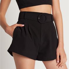 *These Shorts Run Small, Especially For Those That Hold Weight In Midsection. I Reordered In The Size Up* - High Waist - Center Front Zipper Closure - Front Pleats - Waist Belt With Covered Buckle - Side Seam Pockets - Flared Leg - 2" Inseam - 96% Polyester 4% Spandex Ships In Original Packaging Chic Bermuda Shorts With Belt Loops, Chic High Waisted Shorts With Waistband, Chic High Waist Shorts With Waistband, Black Wide Leg Shorts With Belt Loops, Chic Short Length Bottoms With Elastic Waistband, Chic High Waist Shorts, Black Bottoms With Waistband For Spring, Chic Short Leg Pants With Belt Loops, Chic Short Pants With Belt Loops