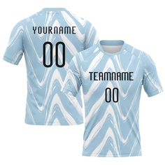 a light blue soccer jersey with the name and number on it, featuring an abstract design