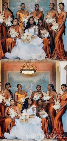 the bride and her bridal party posing for pictures in front of an ornate painting