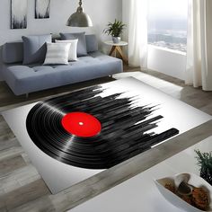 a living room area rug with a vinyl record on it