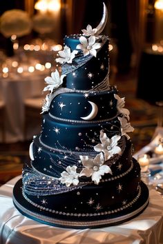 Celestial Cascade: Midnight Blue and Silver Birthday Cake Beautiful Tiered Cakes, Black And Navy Blue Quinceanera Theme, Under The Stars Cake Sweet 16, Quinceanera Cake Ideas Blue, Wedding Cake With Sprinkles, Sweet 16 Stars Theme, Midnight Blue Wedding Cake, Aesthetic Sweet 16 Cakes, Navy Blue Cake Ideas