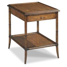 an end table with one drawer and two shelves on the bottom, in dark wood