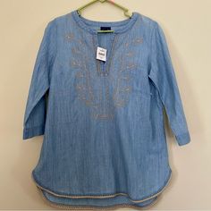 J. Jill Denim Very Soft Embroidered Pattern Half Sleeve Blouse Size Xs New With Tags Blue And Yellow Ships From A Smoke Free Home Summer Embroidered Blue Denim Top, Embroidered Denim Blue Top For Summer, Summer Embroidered Denim Top, Embroidered Medium Wash Tops With Relaxed Fit, Embroidered Medium Wash Top With Relaxed Fit, Embroidered Relaxed Fit Top, Embroidered Relaxed Fit Medium Wash Top, Relaxed Fit Embroidered Medium Wash Tops, Embroidered Blue Denim Blouse