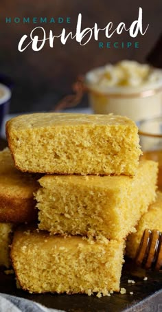 homemade cornbread recipe on a plate with honey in the background and text overlay that reads, homemade cornbread recipe