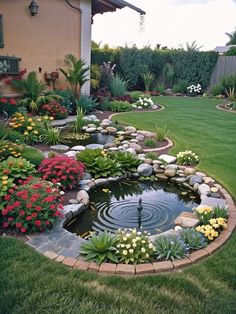 a small pond in the middle of a garden with flowers and plants around it,