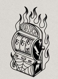 a drawing of a slot machine on fire