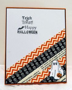 a trick or treat halloween card with a ghost on it's front and black, orange, and white border