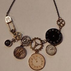 Clockwork Shaped Pendant Necklace Metal Chain Several Sizes And Colors Of Clocks & Rotors On The Pendant Part Total Length Of Chain: 15" (Adjustable Up To 18") Made In Turkey / Imported Big Necklaces, Clock Jewelry, Hatter Costume, Clock Necklace, Mad Hatter Costume, Steampunk Aesthetic, Altered Art Jewelry, Steampunk Dress, Steam Punk Jewelry