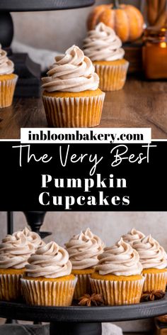 the very best pumpkin cupcakes with cream cheese frosting are on a cake stand