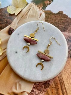 Red Jasper and Brass Crescent Moon Statement Earrings / Chunky - Etsy Gold Jewelry Gift, Dangle Earrings Boho, Dalmatian Jasper, Rice Bead, Bridal Earrings Pearl, Earrings Bohemian, Geometric Pendant, Red Jasper, Earrings Boho