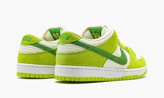 The Nike SB Dunk Low “Green Apple” is a fun colorway from the “Fruit Pack” released by the skate brand in June 2022.  The summer-inspired design features cream-colored leather on the perforated toe, mid-panel, collar, and heel.  Contrasting Green Apple suede overlays and Swoosh branding attract attention.  Classic “Nike” branding is embroidered on the heel and “Nike SB Dunk” insignia is found on the green nylon tongue tag on the puffy cream mesh tongue.  A drop-in Zoom Air unit in the heel of th Nike Sb Dunk Low Pro, Green Color Schemes, Sneaker Lovers, Nike Sb Dunk Low, Nike Sb Dunk, Nike Sb Dunks Low, Nike Brand, Sb Dunk Low, Nike Sb Dunks