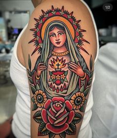 Art Vandelay, Empowerment Tattoo, Mother Mary Tattoos, Maria Tattoo, Tattoo Perna, Catholic Tattoos, Virgin Mary Tattoo, Crusader Cross, Sacred Heart Tattoos