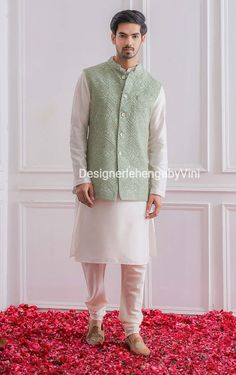 Indian pakistani kurta pajama with jacket for traditional and wedding occasions.  Many colours available. Contact us for colour change.  Sizes all available.  Fabric- Banarasi silk for kurta pajama  Jacket- Chikankari embroidery on georgette base.  Making time- 8 days Shipping via fedex Or DHL and takes around a week.  Matching father son outfit can be done.  Matching family outfits also available. Groomsmen outfits can be done. Mint Green Kurta Men, Mint Green Sherwani, Textiles Studio, Grooms Outfit, Groomsmen Outfit, Nikah Decor, Nehru Jacket For Men, Pakistani Kurta, Indian Suit