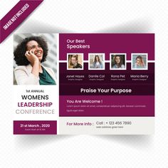 a purple and white flyer for women's conference with images of people on it