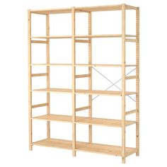 a wooden shelving unit with four shelves