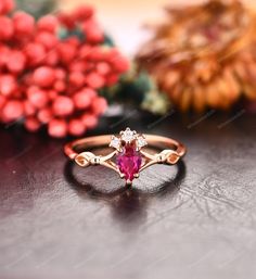 "Pear Cut Ruby Ring, Solid Rose Gold Engagement Ring, Delicate Women's Ring, Promise Ring, Anniversary Ring For Wife, Bridal Ring, Red Stone ✿ Metal: 10K/14K/18K Gold (White/ Yellow/ Rose Gold). -----「Engagement Ring Details」----- * Center Stone:（Lab Created）Ruby * Stone Color: Red * Stone Shape: Pear Cut * Stone Weight: Approx. 0.40CT(4x6mm) * Side Stone: Approx. 0.08ctw * Moissanite: EF, VVS1 (10k white moissanite mean 10k white gold with moissanite side stones, 14K white Moissanite mean 14k w Wedding Solitaire Ring With Lab-created Ruby, Red Ruby Ring With Rose Cut Diamonds For Wedding, Fine Jewelry Red Wedding Ring With Rose Cut Diamonds, Rose Gold Diamond Ruby Ring For Wedding, Ruby Ring With Center Stone For Wedding, Rose Gold Ruby Ring For Promise, Red Diamond Ring For Valentine's Day Wedding, Wedding Rings With Rose Cut Diamonds And Lab-created Ruby, Red Rose Cut Diamond Wedding Jewelry