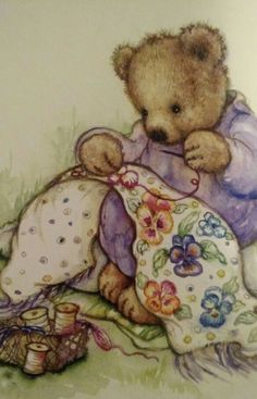 a painting of a teddy bear sitting on the ground