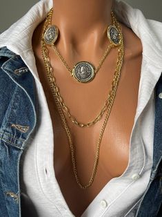 Bohemian Gold Chain Jewelry For Festivals, Gold Jewelry With Metal Decoration, Bohemian Gold Chain Necklace, Bohemian Gold Chain Necklace For Festivals, Bohemian Long Gold Chain Necklace, Bohemian Gold Chain Jewelry, Bohemian Gold Medallion Chain Necklace, Bohemian Double Chain Metal Necklace, Bohemian Metal Double Chain Necklace