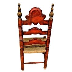 an old wooden chair with rope on the seat and wood frame, isolated against a white background