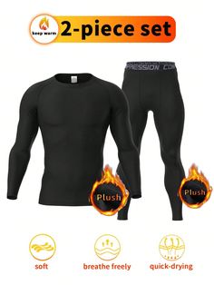 2pcs Thickened Fitness Set For Men, Elastic Breathable Quick Dry Compression Base Layer Top And Pants For Running, Workout, Training Black     Plain Tights High Stretch  Men Activewear, size features are:Bust: ,Length: ,Sleeve Length: Black Slim Fit Long Sleeve Sets, Long Sleeve Solid Color Gym Sets, Solid Color Long Sleeve Gym Sets, Stretch Long Sleeve Training Sets, Breathable Black Sports Sets, Black Breathable Sports Sets, Winter Gym Sets With Long Sleeves, Black Stretch Sets For Winter, Men Activewear