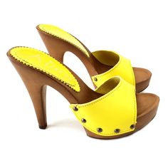 Heels Yellow, Extreme High Heels, Black Clogs, Wedges Heels, Suede Clogs, Wood Heel, Casual Slippers, Leather Clogs, Yellow Leather