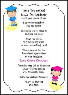 a graduation party flyer with two kids in caps and gowns on the front, one is