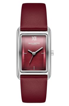 A minimalist dial adds streamlined elegance to a slim rectangular watch set on a rich leather strap for luxe appeal. 23mm case; 18mm band width Buckle closure Quartz movement Stainless steel or stainless steel with goldtone plate/leather Imported Rectangular Watch, Burton Women, Watch Set, Leather Strap Watch, Olivia Burton, Anniversary Sale, Minerals Crystals, Quartz Movement, Leather Case