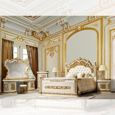 an ornate bedroom with gold and white decor