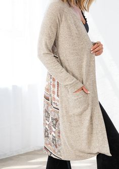 Patchwork print Soft Hacci knit Relaxed fit Long sleeve Mid-length Side patch pockets Open front Mixed media cardigan Layering Style, Trends 2025, Patchwork Cardigan, Layered Fashion, Patchwork Print, Cozy Cardigan, Fall Fashion Trends, Lightweight Knit, Mid Length