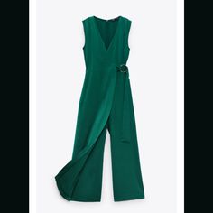 Wrap Jumpsuit With Buckle Size M Emerald Color Zara Green V-neck Jumpsuits And Rompers, Pink Playsuit, Wrap Jumpsuit, Belted Romper, Zara Jumpsuit, Sequin Rompers, Lace Trim Shorts, Cropped Wide Leg Jeans, Sequin Jumpsuit