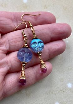 Moon Earrings Full Moon Earrings Moon Face Earrings | Etsy Earring Making Ideas, Full Moon Jewelry, Moon Face Earrings, Man In The Moon, Earrings Moon, Iridescent Purple, Indie Jewelry, In The Moon, Moon Face