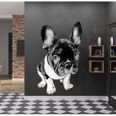 a black and white photo of a dog on a wall in a room with checkered floor