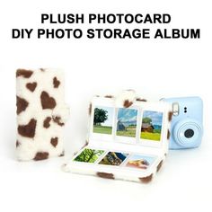 a polaroid camera sitting next to a photo album with pictures on it and the words, push photograph diy photo storage album