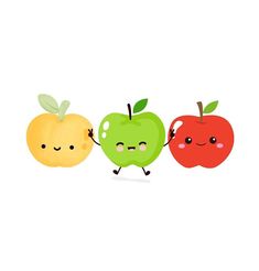 two apples and an apple with faces on them are walking side by side in the same direction