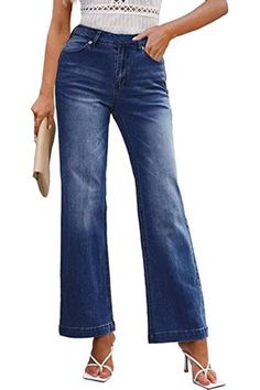 Jeans Women's Fashion Women's Summer Denim Blue Wide-leg Jeans For Fall, Fitted Wide-leg Denim Jeans, Non-stretch Wide Leg Dark Wash Jeans, Non-stretch Wide-leg Jeans For Fall, Wide Leg Cropped Jeans For Work, Denim Wide-leg Pants, Wide Leg Cropped Jeans With Pockets, Non-stretch Wide-leg Denim Blue Jeans, Dark Wash Non-stretch Wide Leg Flare Jeans